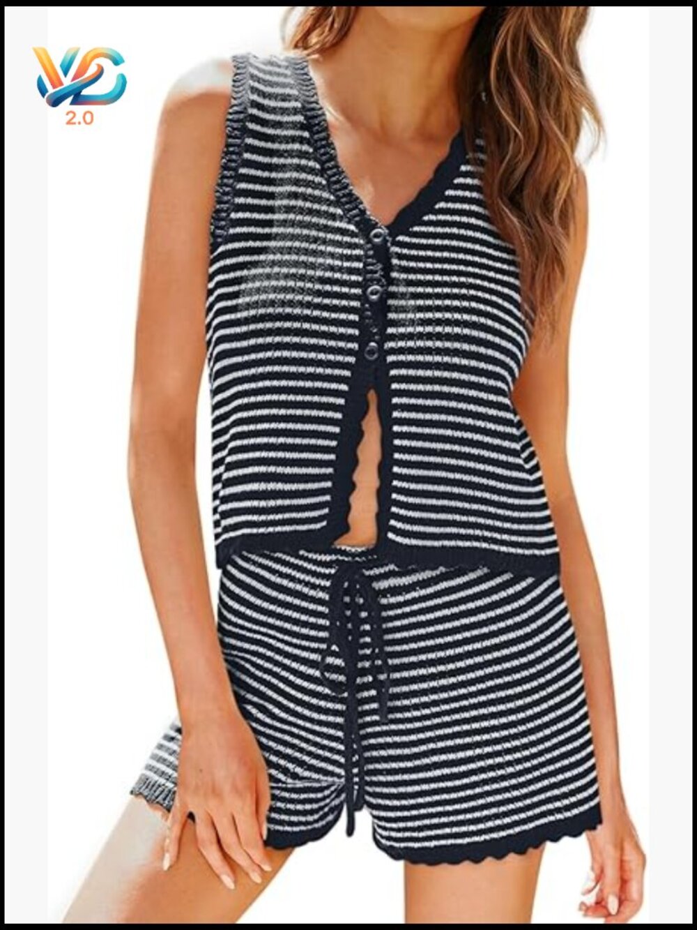 Womens 2 Piece Shorts Set Striped Knit V Neck Button Down Vest Top High Waist
